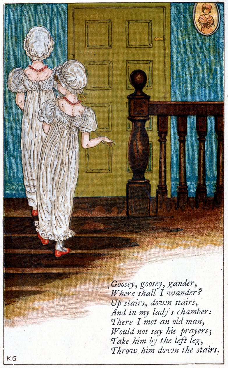 Kuvitus "Goosey, goosey gander, minne minä vaelsin", Kate Greenaway 1846-1901 tekijältä Catherine Greenaway