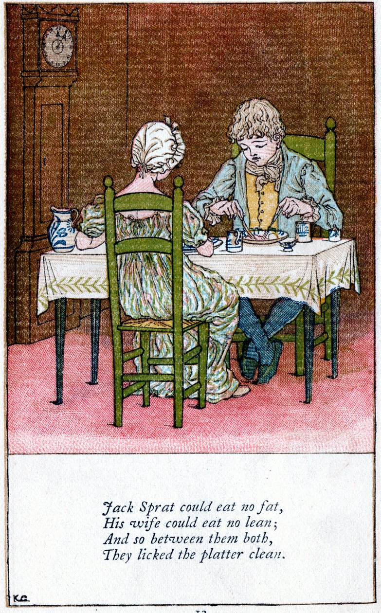 Kuvitus "Jack Sprat ei voinut syödä rasvaa", Kate Greenaway 1846-1901 tekijältä Catherine Greenaway