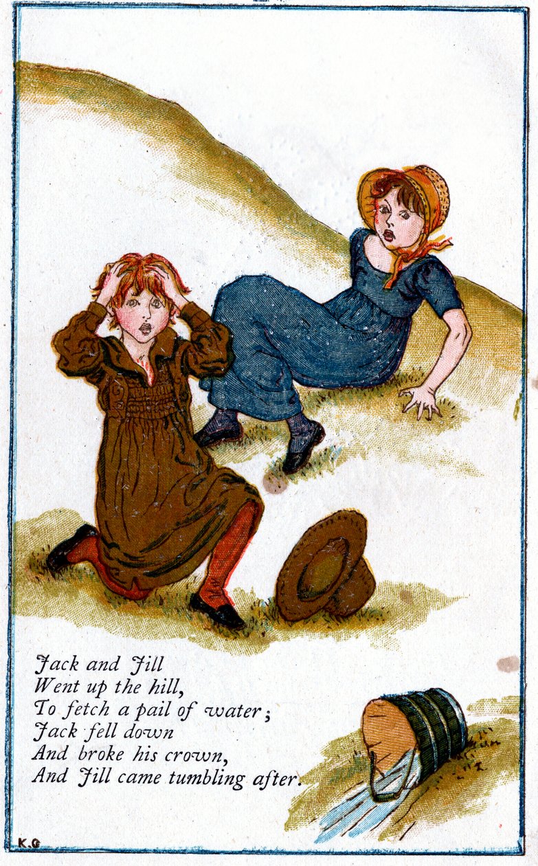 Kuvitus "Jack ja Jill meni ylös mäkeä", Kate Greenaway 1846-1901 tekijältä Catherine Greenaway