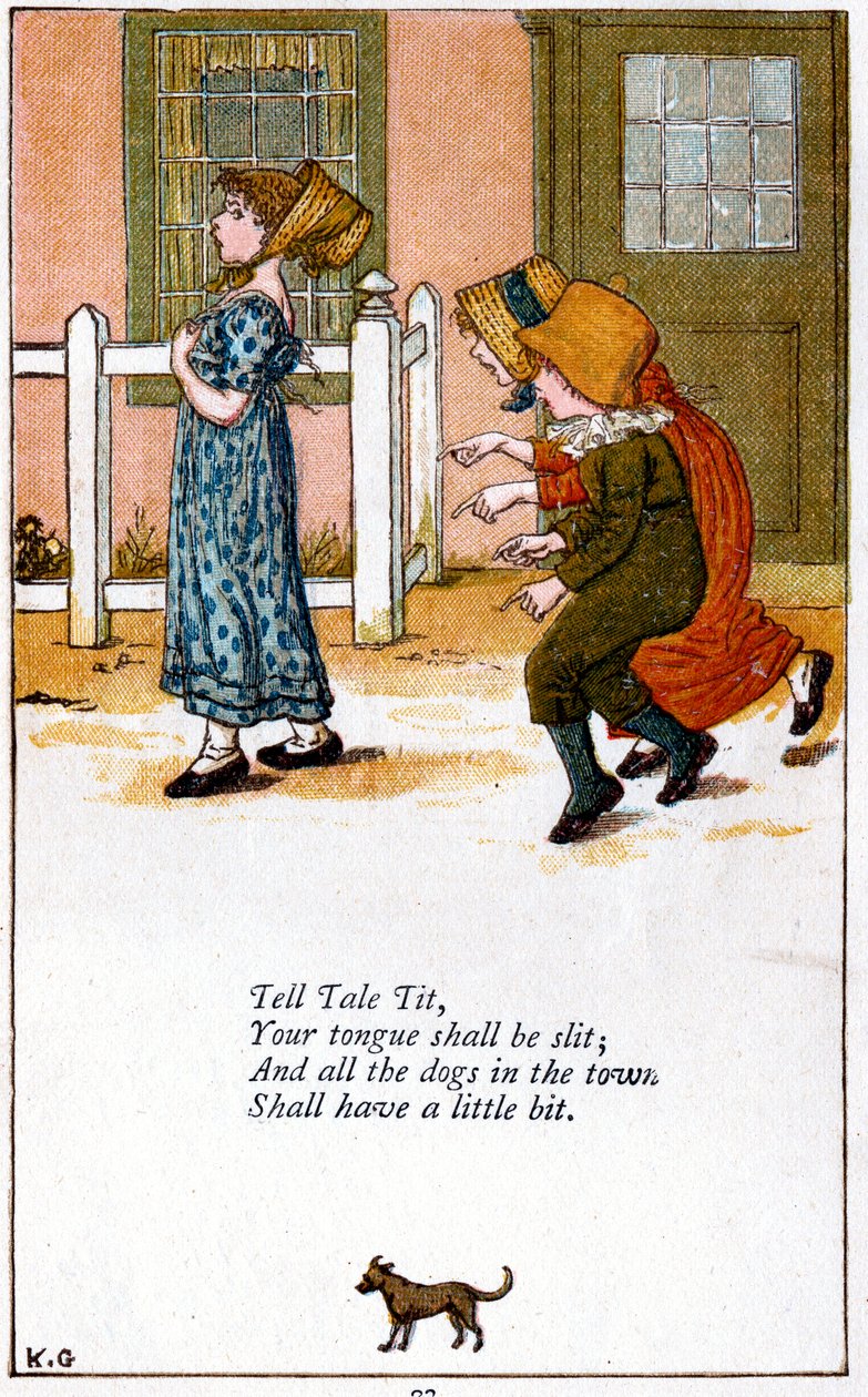 Kuvitus "Kerro, että kielesi leikataan", Kate Greenaway 1846-1901 tekijältä Catherine Greenaway