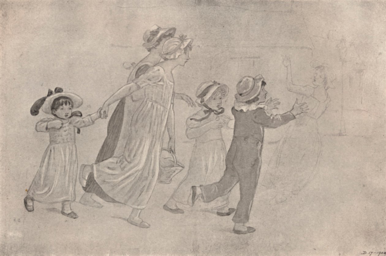 "Vesiväripiirustus väripuupalikkaprintille", 1880-1890, 1923 tekijältä Catherine Greenaway