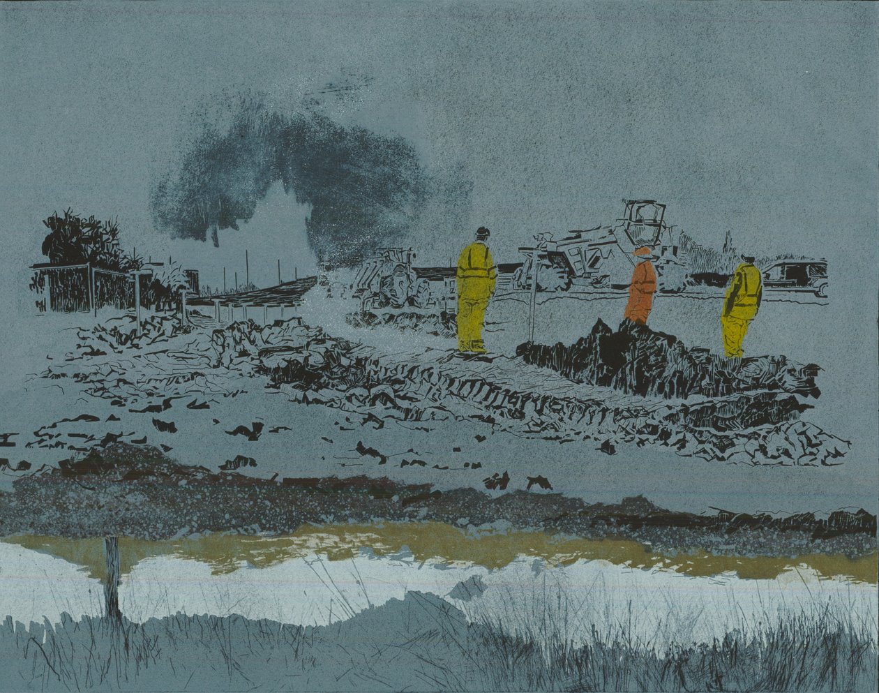 Kalkkia maalla, 2014 (linoleikkaus ja etsaus) tekijältä Catherine Sutcliffe Fuller