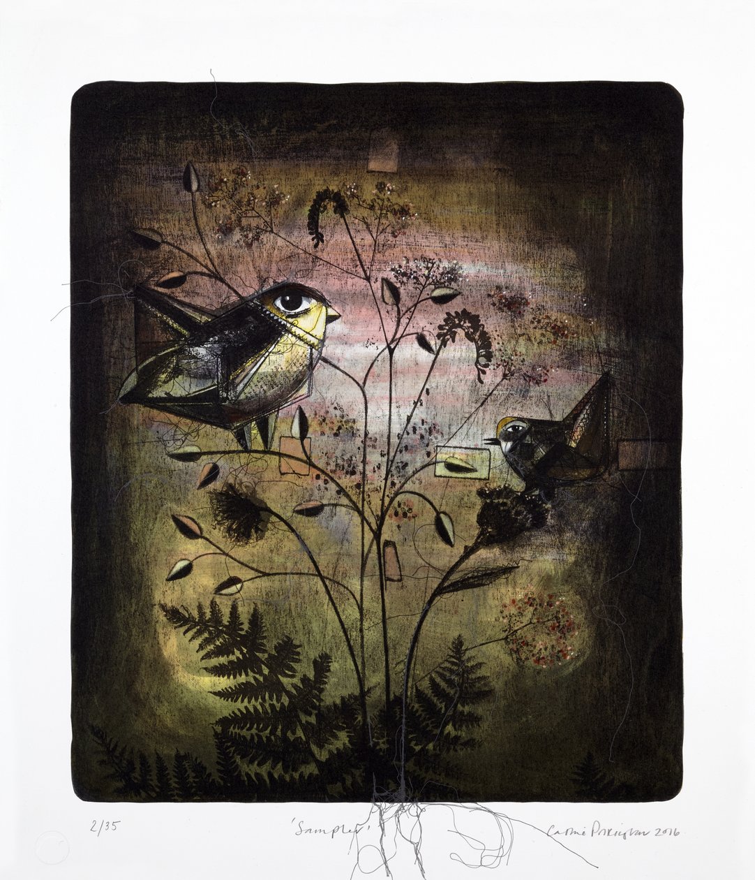 Sampler, 2016 (mokulitolitografia ja käsiväritys) tekijältä Cathie Pilkington