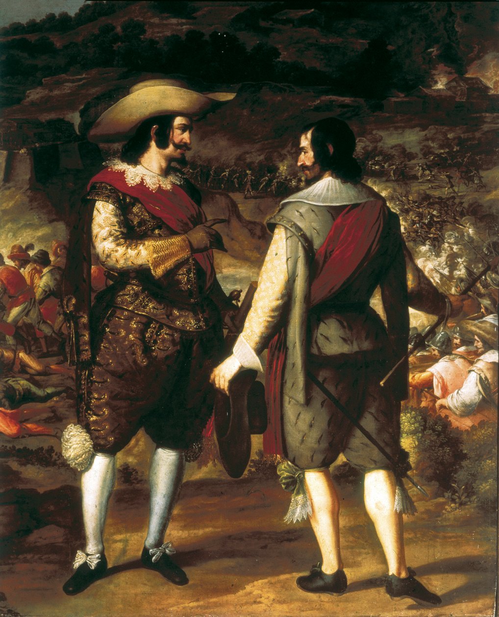 San Juanin vangitseminen Puerto Ricossa (Puerto Rico) (1625). Yksityiskohta. Etualalla Don Juan de Haro puhuu avustajansa kanssa. Hänen takanaan linnoitus, jota vartioivat espanjalaiset, jotka pakottavat hollantilaiset lähtemään. Eugenio Caxesin tai Cajesi tekijältä Caxesi or Caxete Eugenio Caxes