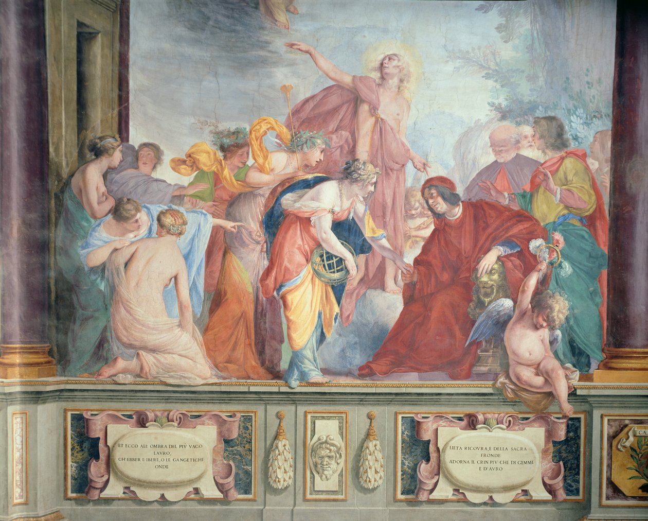 Lorenzo de Medici ja Apollo toivottavat muusat ja hyveet tervetulleiksi Firenzeen. tekijältä Cecco Bravo
