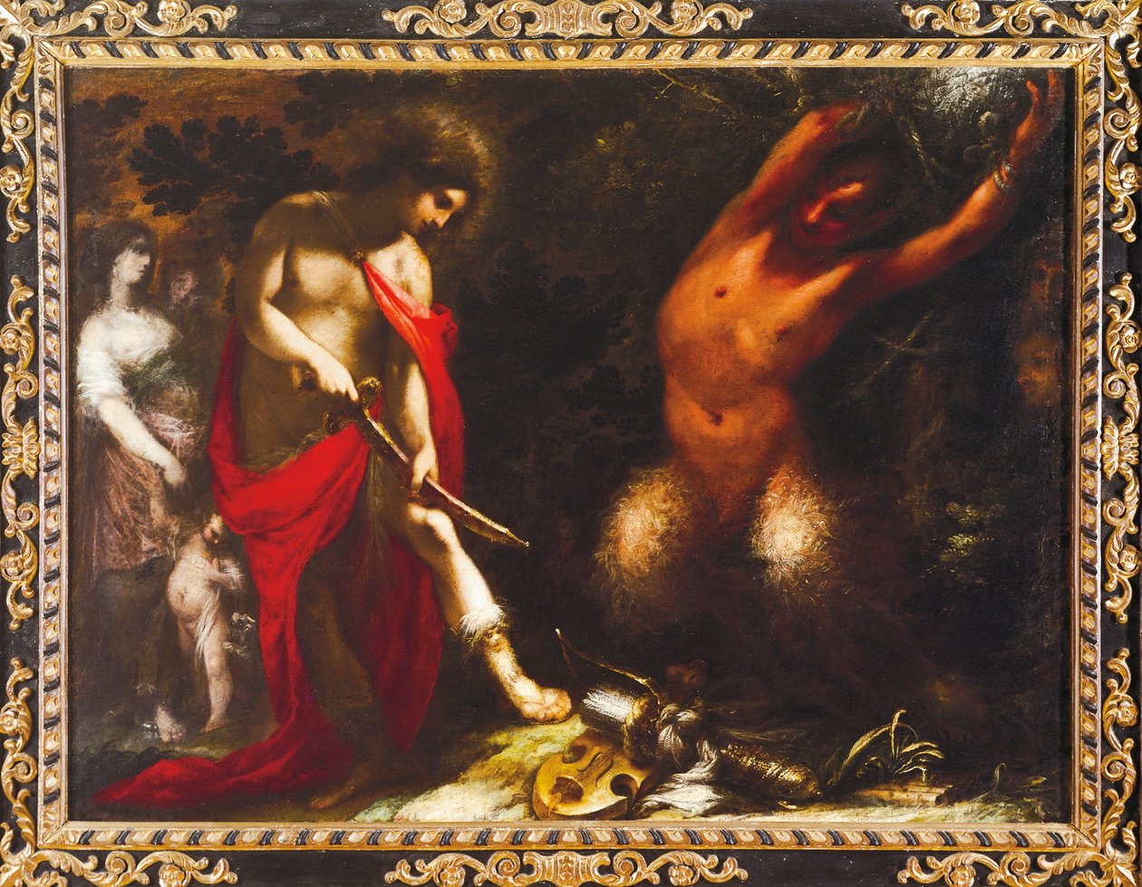Apollo ja Marsyas, n. 1650, Francesco Montelatici eli Cecco Bravo (1601-1661), öljy kankaalle. tekijältä Cecco  Bravo