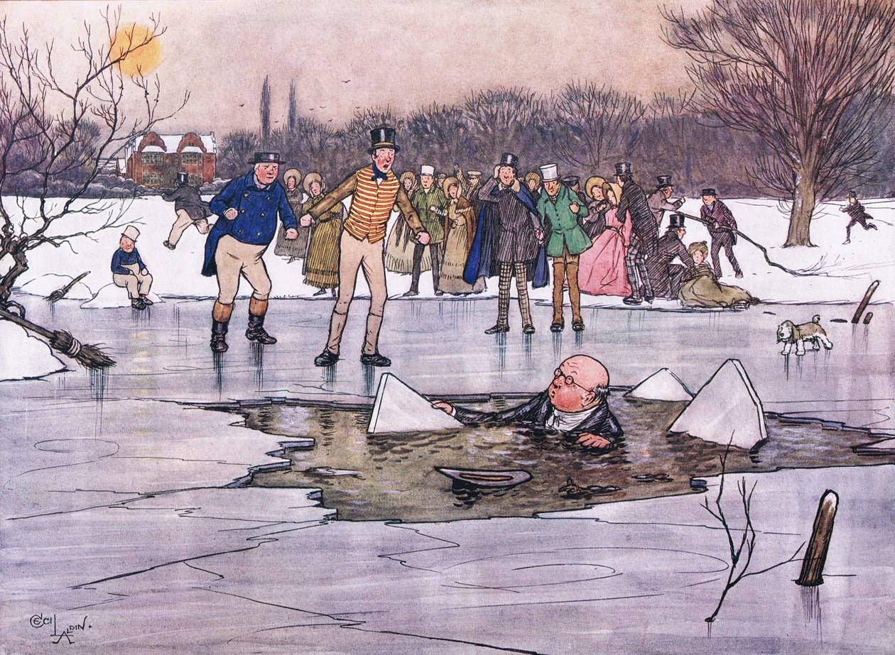 Veden alta nousi kasvot, pää ja hartiat, jotka paljastivat herra Pickwickin piirteet ja silmälasit tekijältä Cecil Charles Windsor Aldin