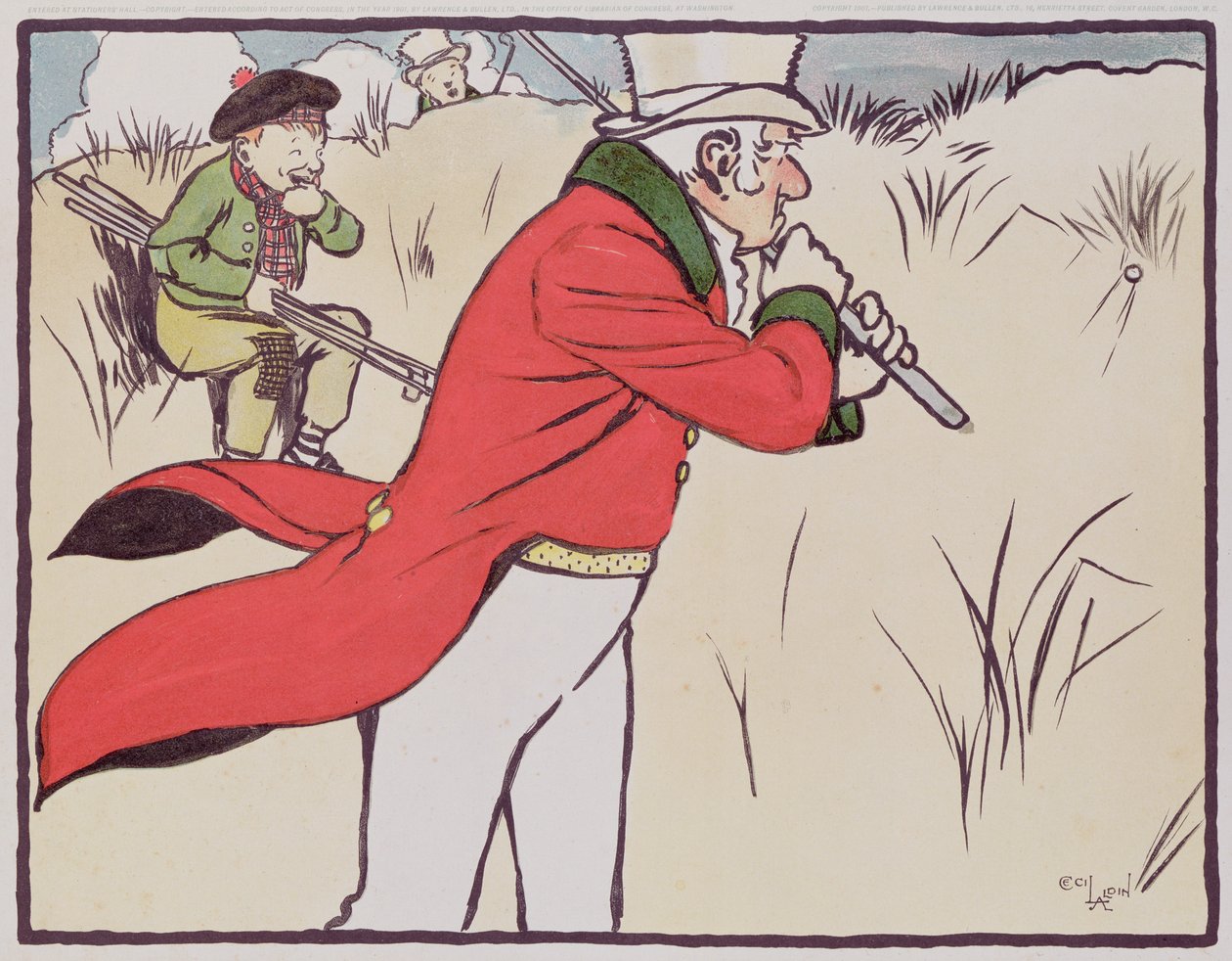 Vihainen golfaaja ajaa pallon pensaikkoon samalla kun hänen caddynsa yrittää estää itseään nauramasta, 1901 tekijältä Cecil Charles Windsor Aldin
