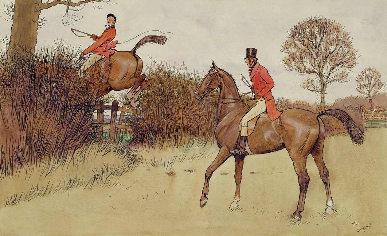 "Ar ei koskaan pääse pois", metsästyskohtaus (grafiitti, kynä ja muste ja wc paperilla) tekijältä Cecil Charles Windsor Aldin