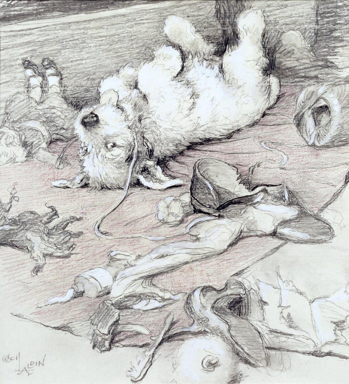 Mischievous Puppy, (valkoisella korotettu kynä) tekijältä Cecil Charles Windsor Aldin