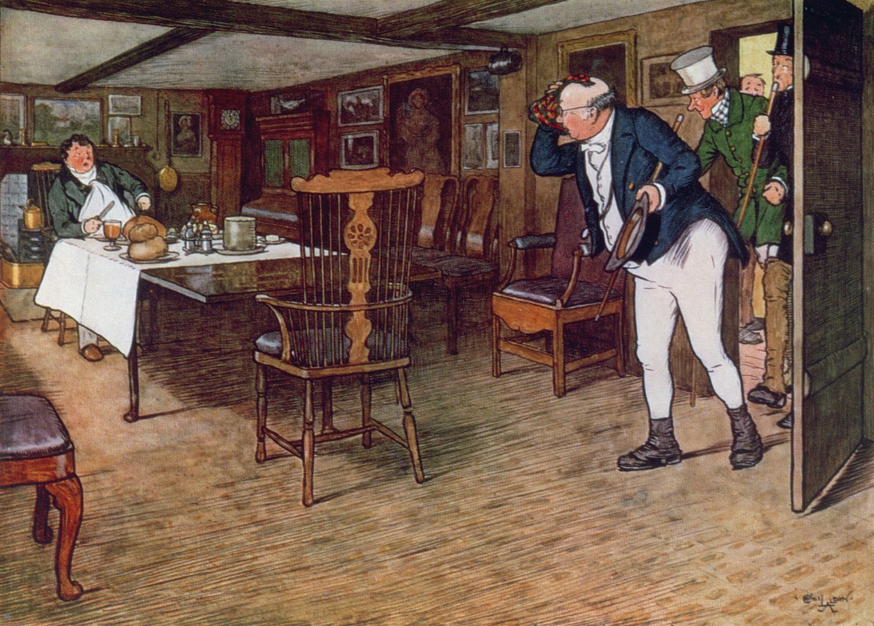 Herra Pickwick löytää herra Tupmanin lounaalla Leather Bottlessa, Cobham, 1910 (värikaiverrus) tekijältä Cecil Charles Windsor Aldin
