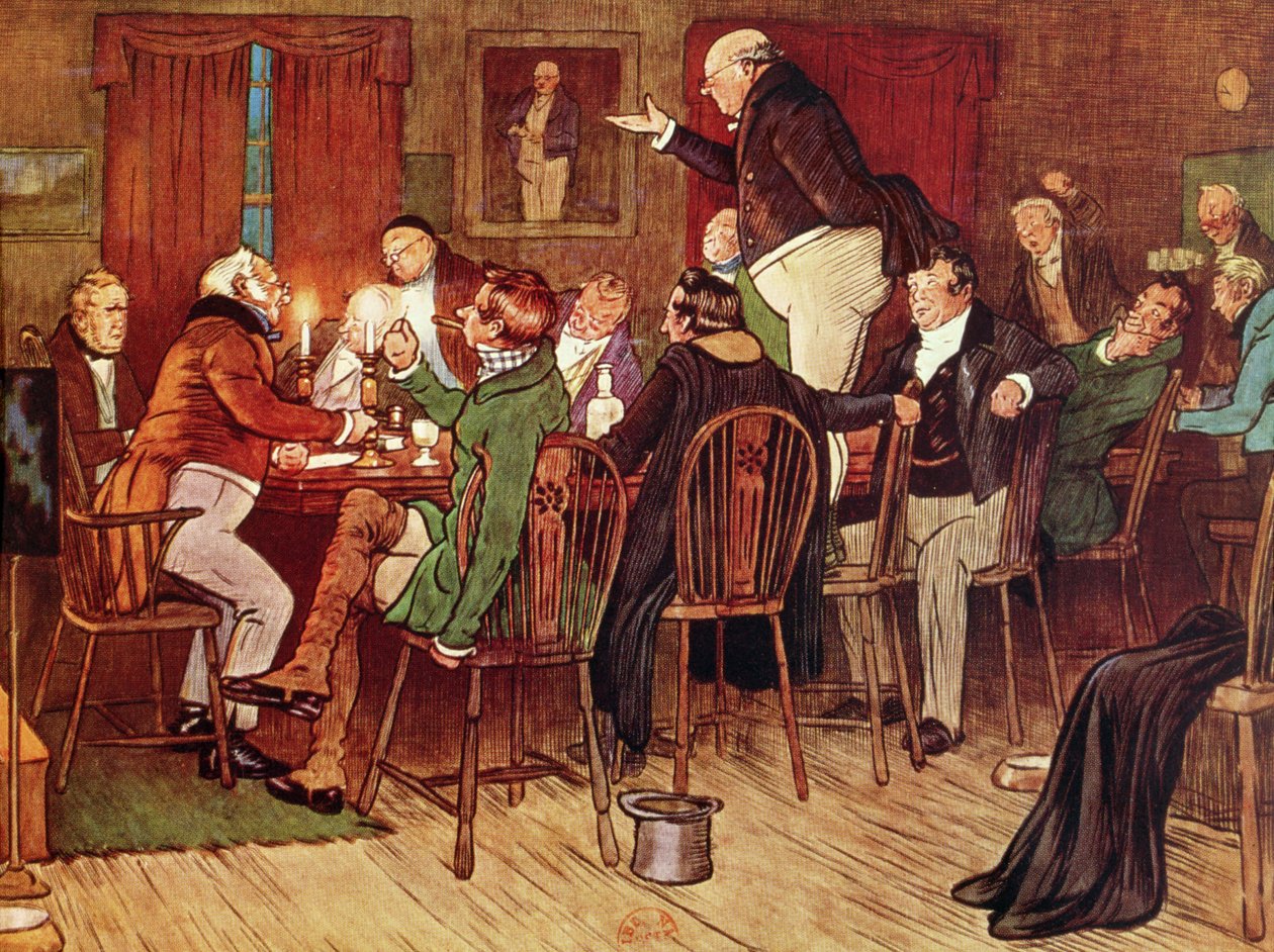 "Kaunopuheinen herra Pickwick", kuvitus Charles Dickensin (1812-70) "Pickwick Papersista" tekijältä Cecil Charles Windsor Aldin