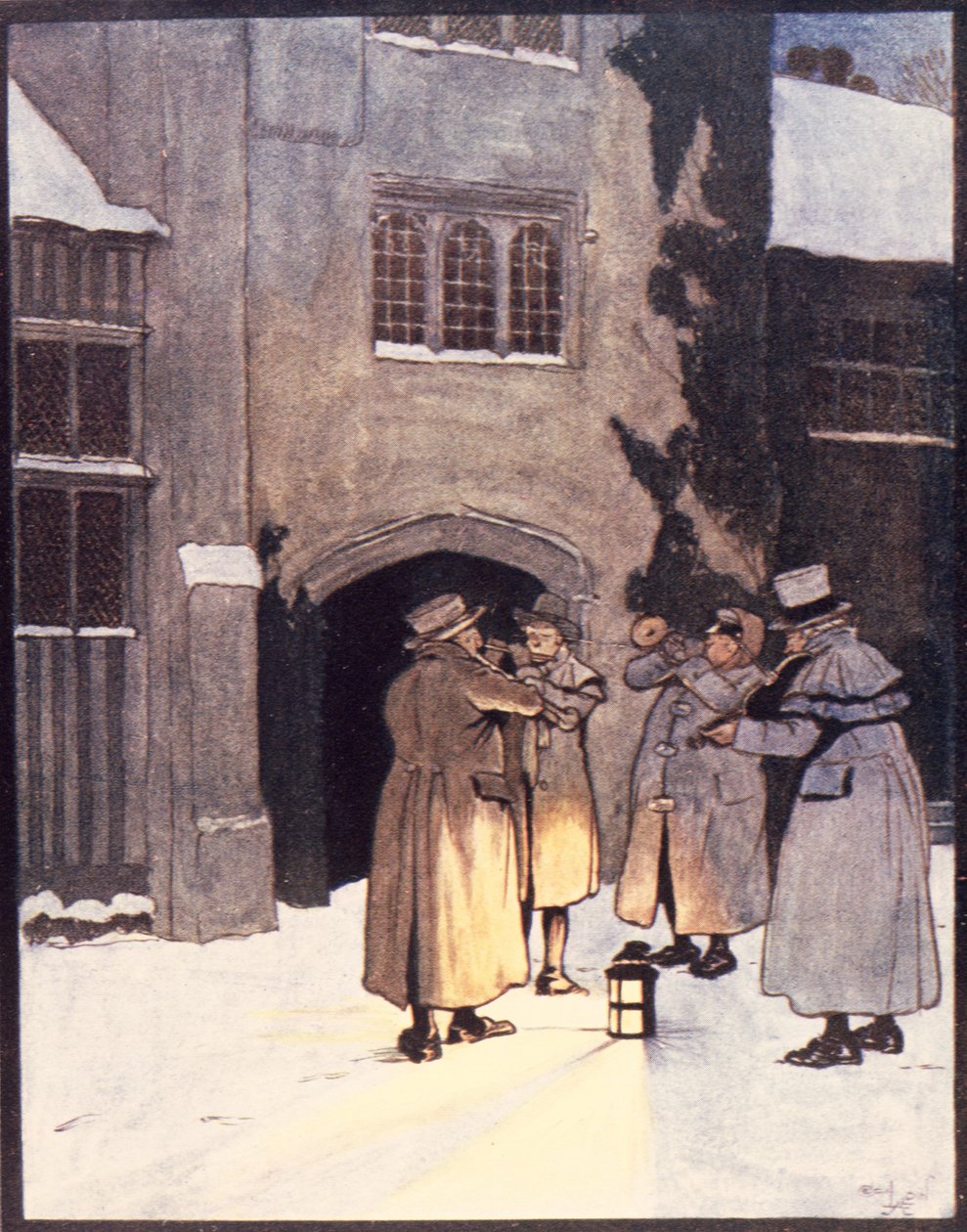 "He kulkivat ympäri taloa leikkien ikkunoiden alla", kuvitus Hodderin ja Stoughtonin julkaisemasta Washington Irvingin (1783-1859) Vanhasta joulusta, 1908 tekijältä Cecil Charles Windsor Aldin