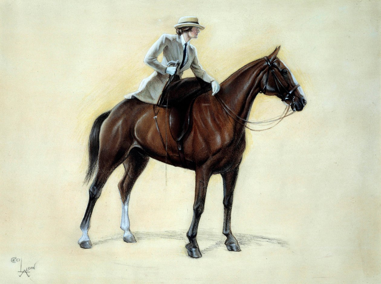 Tyylikäs cavalier kohoaa Amazoniksi. Piirustus Cecil Aldin (1870-1935) 1800-luvun Yksityinen kokoelma tekijältä Cecil Charles Windsor Aldin