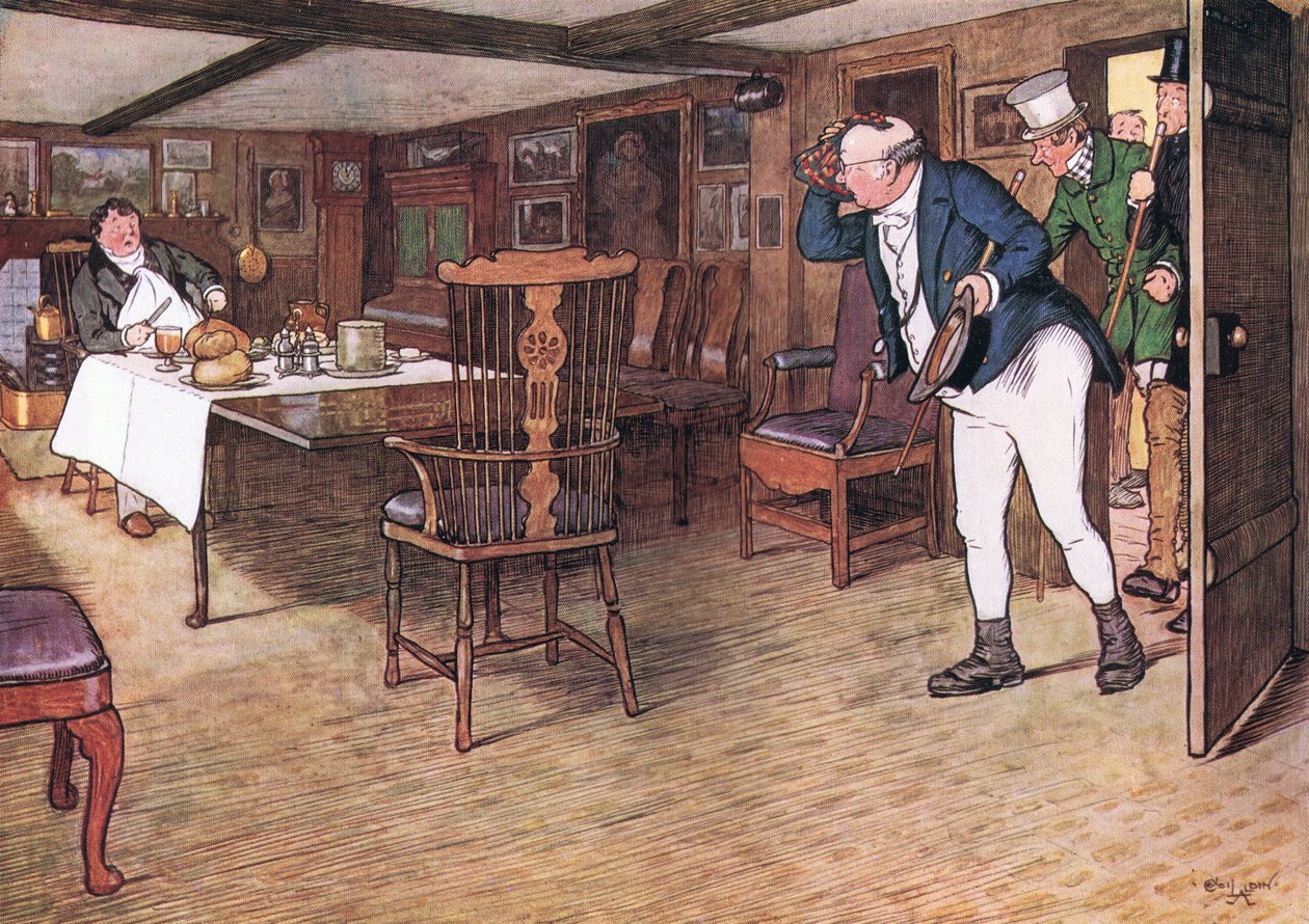 Pöydässä istui herra Tupman, joka näytti aivan erilaiselta mieheltä, joka oli lähtenyt tästä maailmasta (väri litho) tekijältä Cecil Charles Windsor Aldin