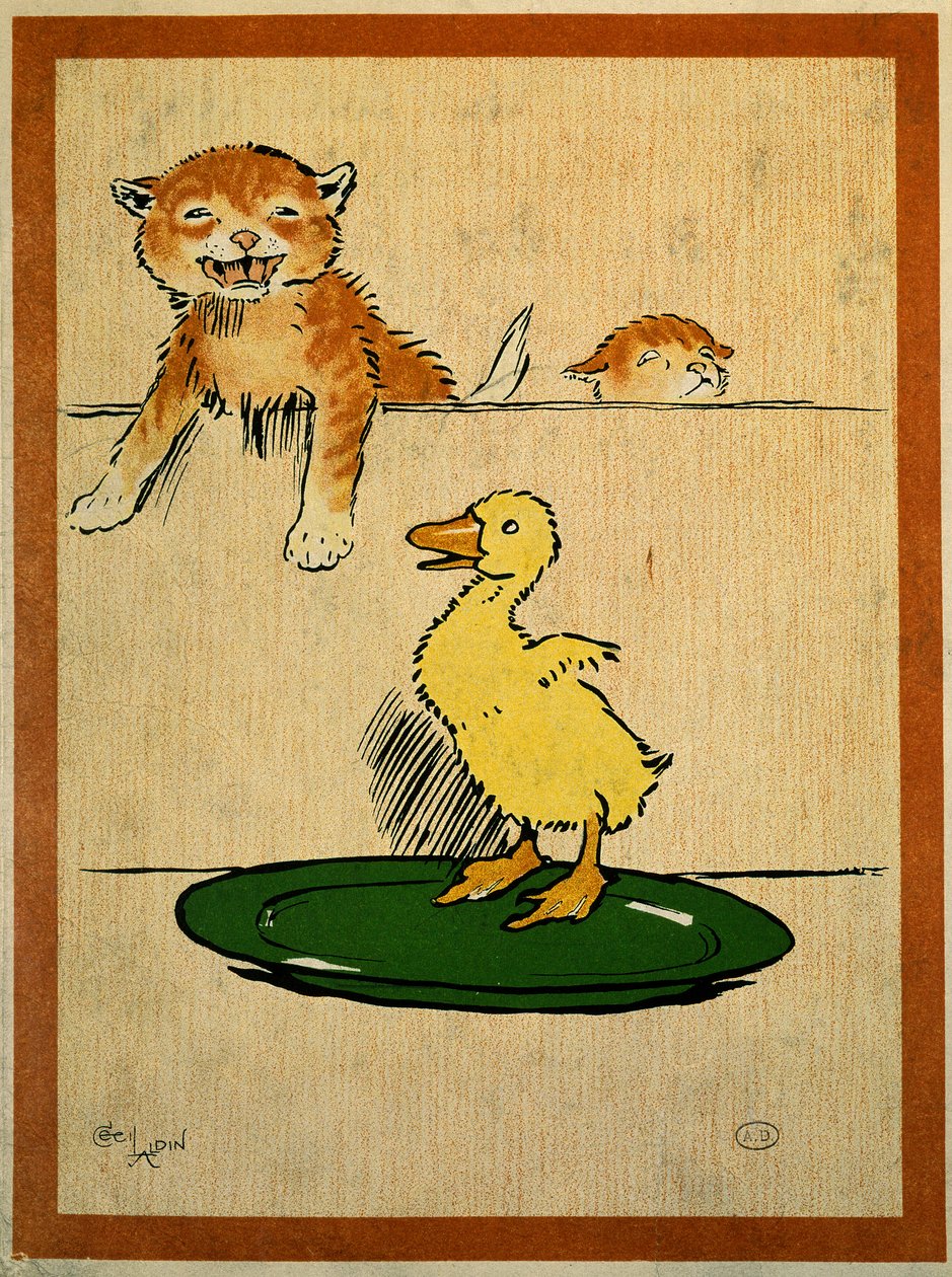 Kissat ja ankka. Piirustus Cecil Aldin (1870-1935). Pariisi, koristetaide tekijältä Cecil Charles Windsor Aldin
