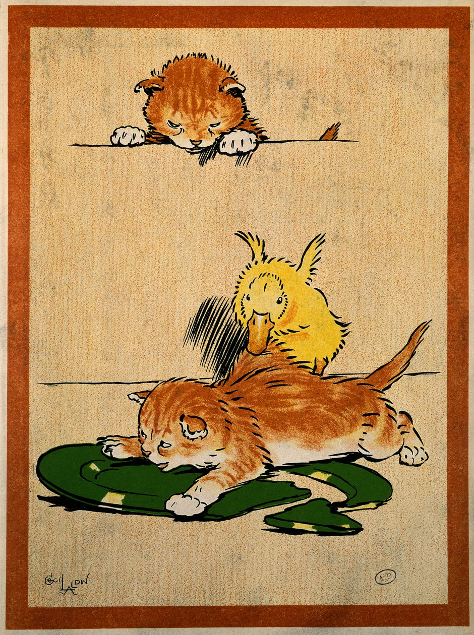 Kissat ja ankka. Piirustus Cecil Aldin (1870-1935). Pariisi, koristetaide tekijältä Cecil Charles Windsor Aldin