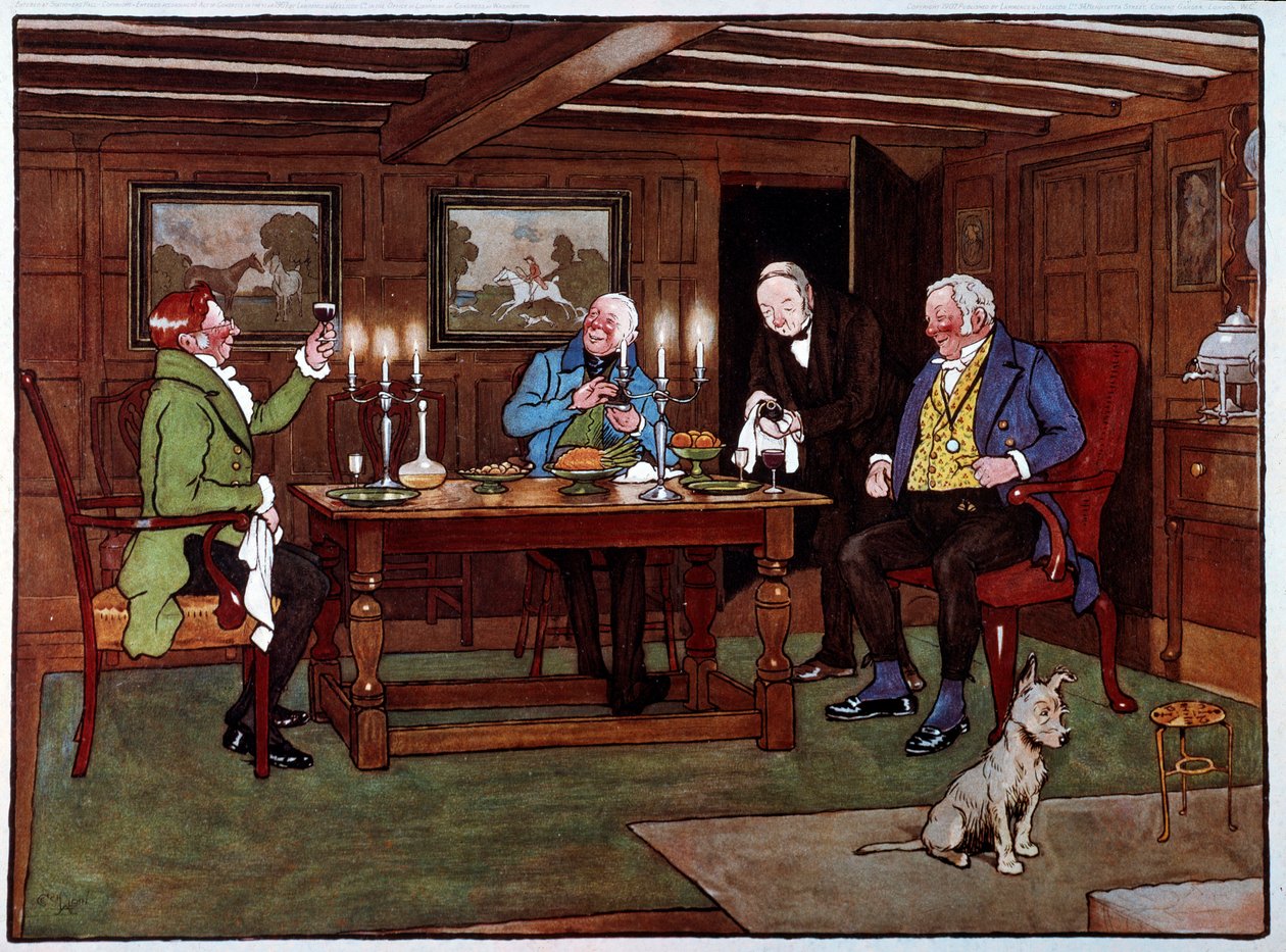 Asiantuntijat Juojat nauttivat lasillisen portviiniä. Cecil Aldinin (1870-1935) akvarelli 1800-luvun yksityinen kokoelma tekijältä Cecil Charles Windsor Aldin