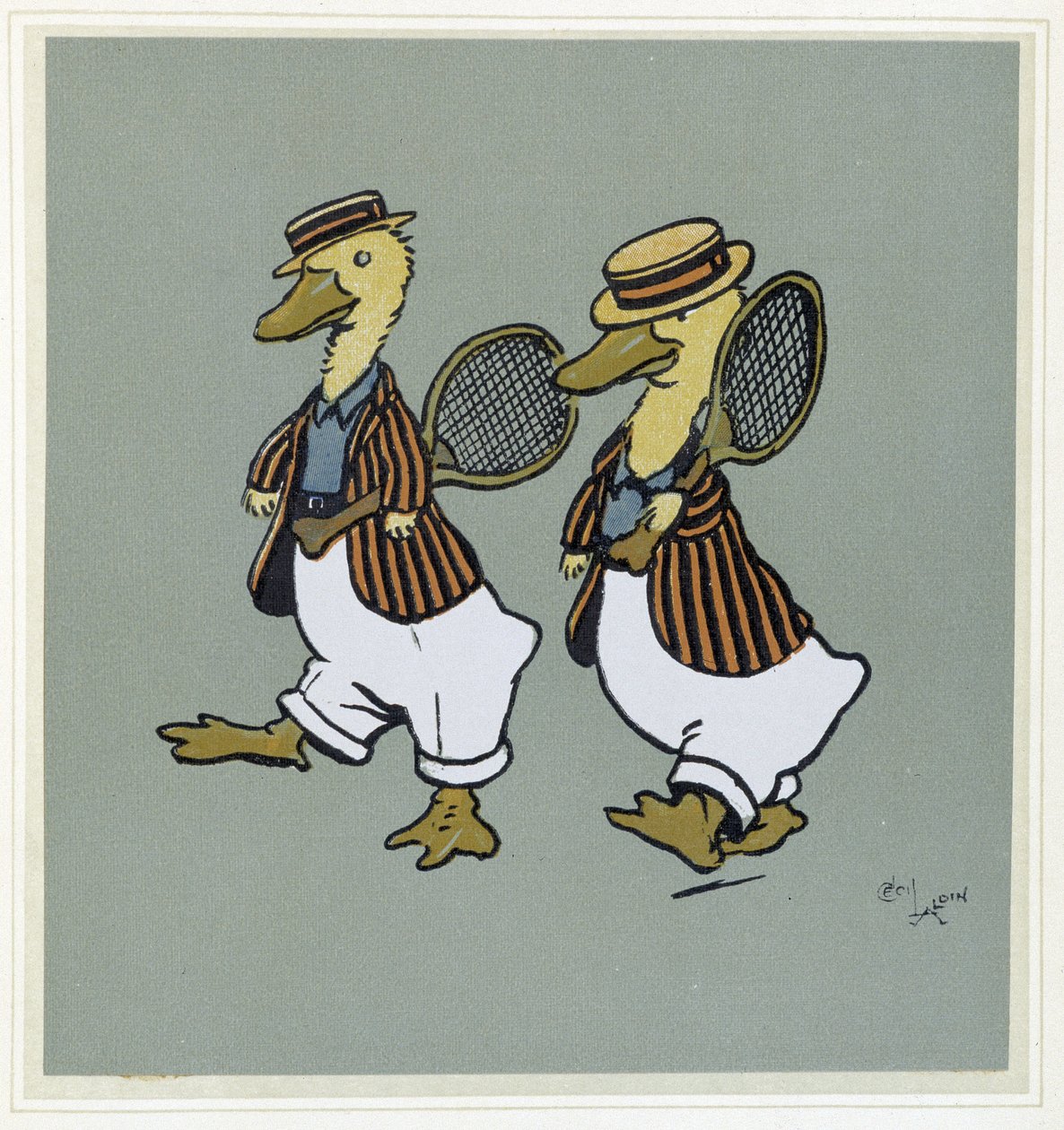 Deux ducks en suit de tennis - in ""Merry Party"", ill. kirjoittanut Cécil Aldin, toim. Hodder & Stoughton, Lontoo tekijältä Cecil Charles Windsor Aldin