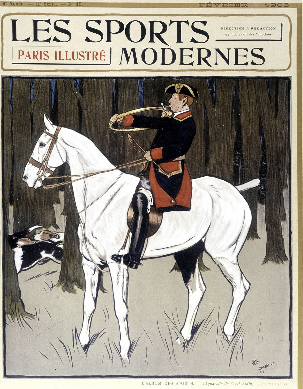 Metsästys (mies hevosen selässä kannustaa koiria) Kansi "" Modern Sports"" 02/1906 tekijältä Cecil Charles Windsor Aldin