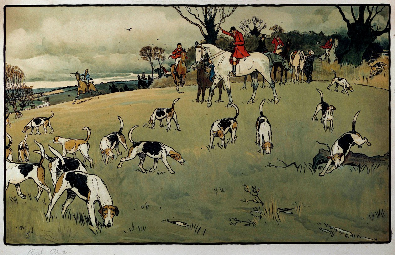 Metsästyskohtaus, Cecil Aldinin (1870-1935) polkuvesiväri, 1800-luvun yksityinen kokoelma tekijältä Cecil Charles Windsor Aldin