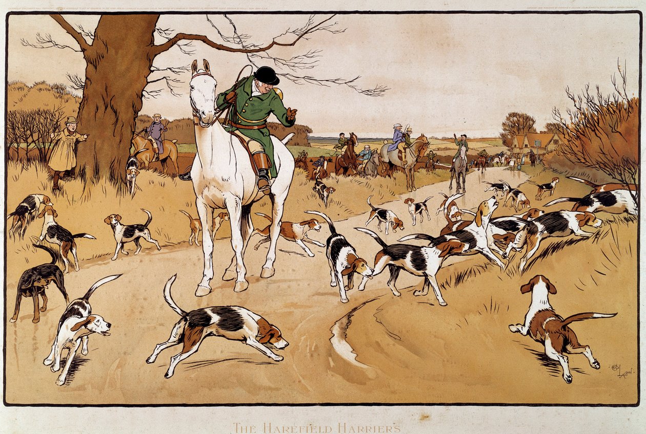 Jäniksen metsästys. Cecil Aldinin vesiväri (1870-1935) tekijältä Cecil Charles Windsor Aldin