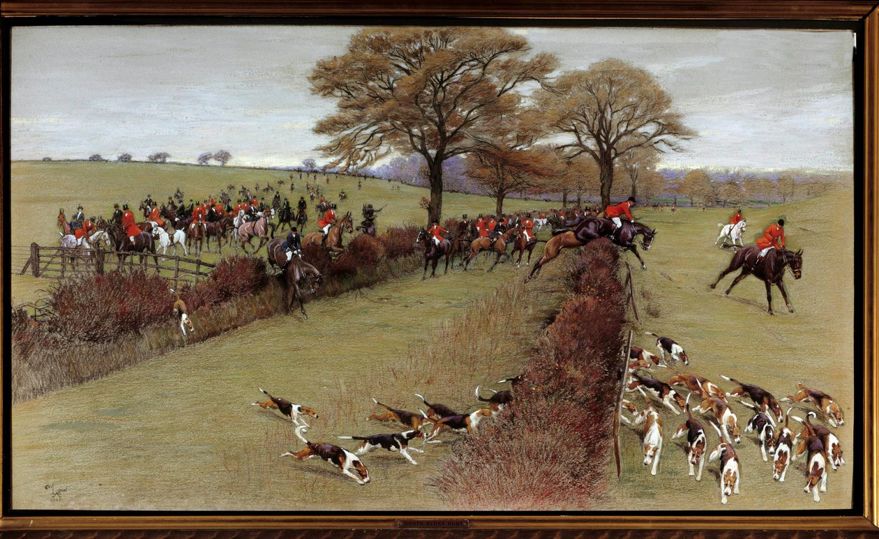 Metsästyskohtaus, miehistö South Berks Watercolour Cecil Aldin (1870-1935) 1800-luvun yksityinen kokoelma - Metsästyskohtaus, South Berks