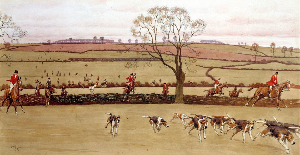 Metsästyskohtaus, miehistön Alicestone-akvarelli Cecil Aldinin (1870-1935) 1800-luvun yksityinen kokoelma tekijältä Cecil Charles Windsor Aldin