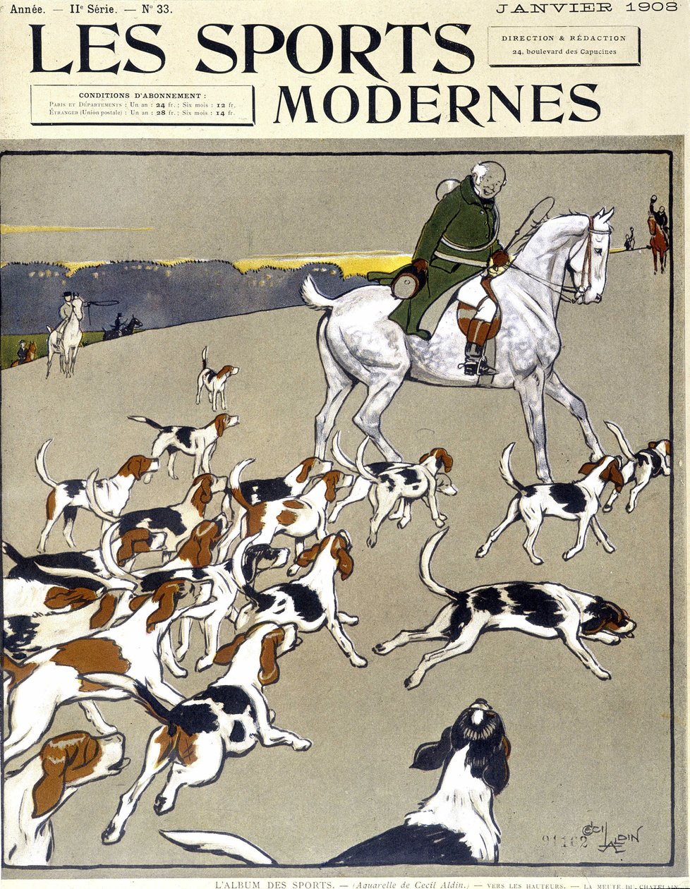 Metsästys: lauma. Kansi "" Moderni urheilu", 01/1908 tekijältä Cecil Charles Windsor Aldin