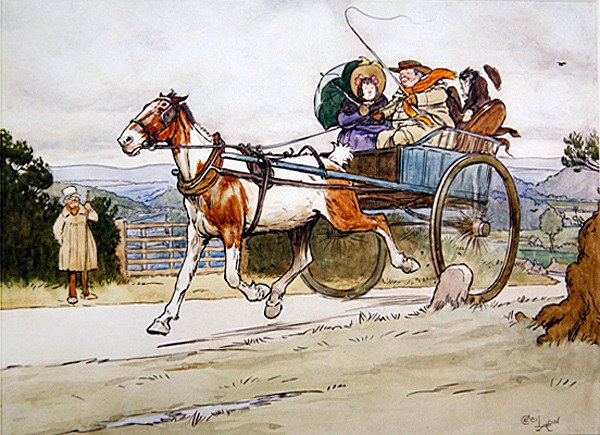 "Ajoin vanhaa Piebaldia", kuvitus Charles Dickensin Pickwick Papersille tekijältä Cecil Charles Windsor Aldin