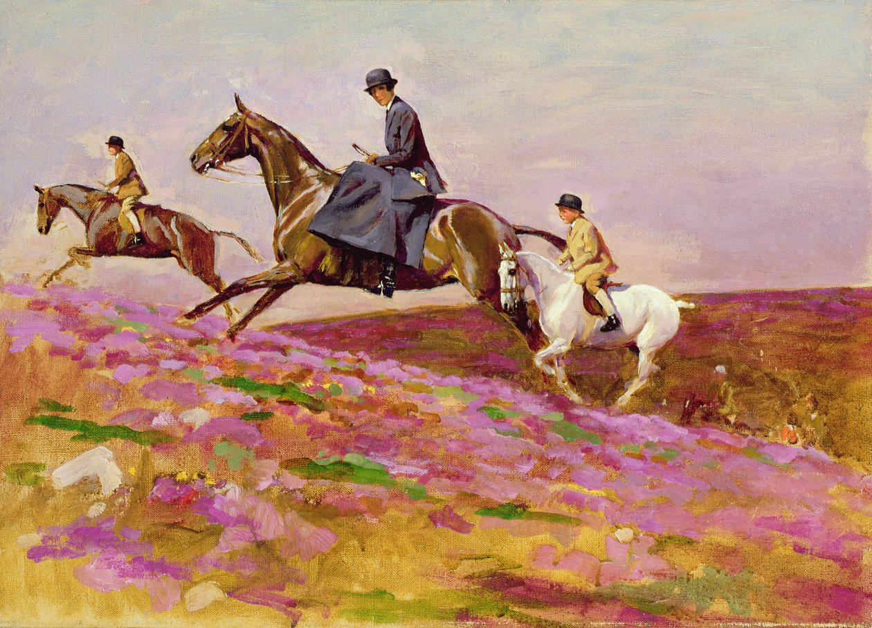 Lady Currie poikiensa Bill ja Hamish Hunting on Exmoor (öljy kankaalle) tekijältä Cecil Charles Windsor Aldin