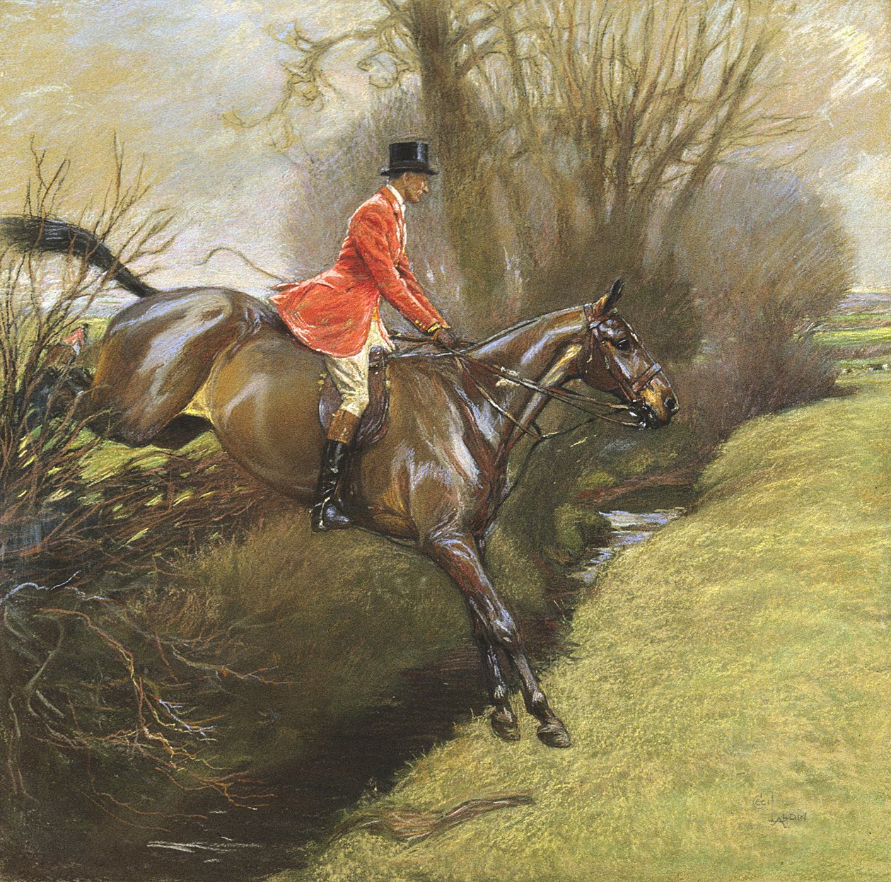 Everstiluutnantti Ted Lyon hyppäämässä pensasaita (pastelli paperille) tekijältä Cecil Charles Windsor Aldin