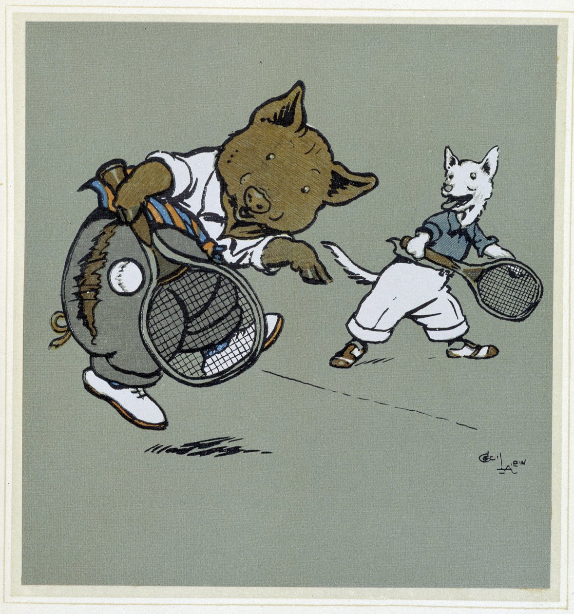 Possu ja kettu pelaavat tennistä - "" Merry Party" -tapahtumassa, ill. kirjoittanut Cécil Aldin, toim. Hodder & Stoughton, Lontoo tekijältä Cecil Charles Windsor Aldin