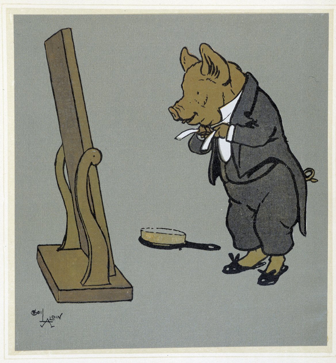 Possujen hoito, solmiosolmun säätö peilin edessä - "Merry Party", ill. kirjoittanut Cécil Aldin, toim. Hodder & Stoughton, Lontoo tekijältä Cecil Charles Windsor Aldin