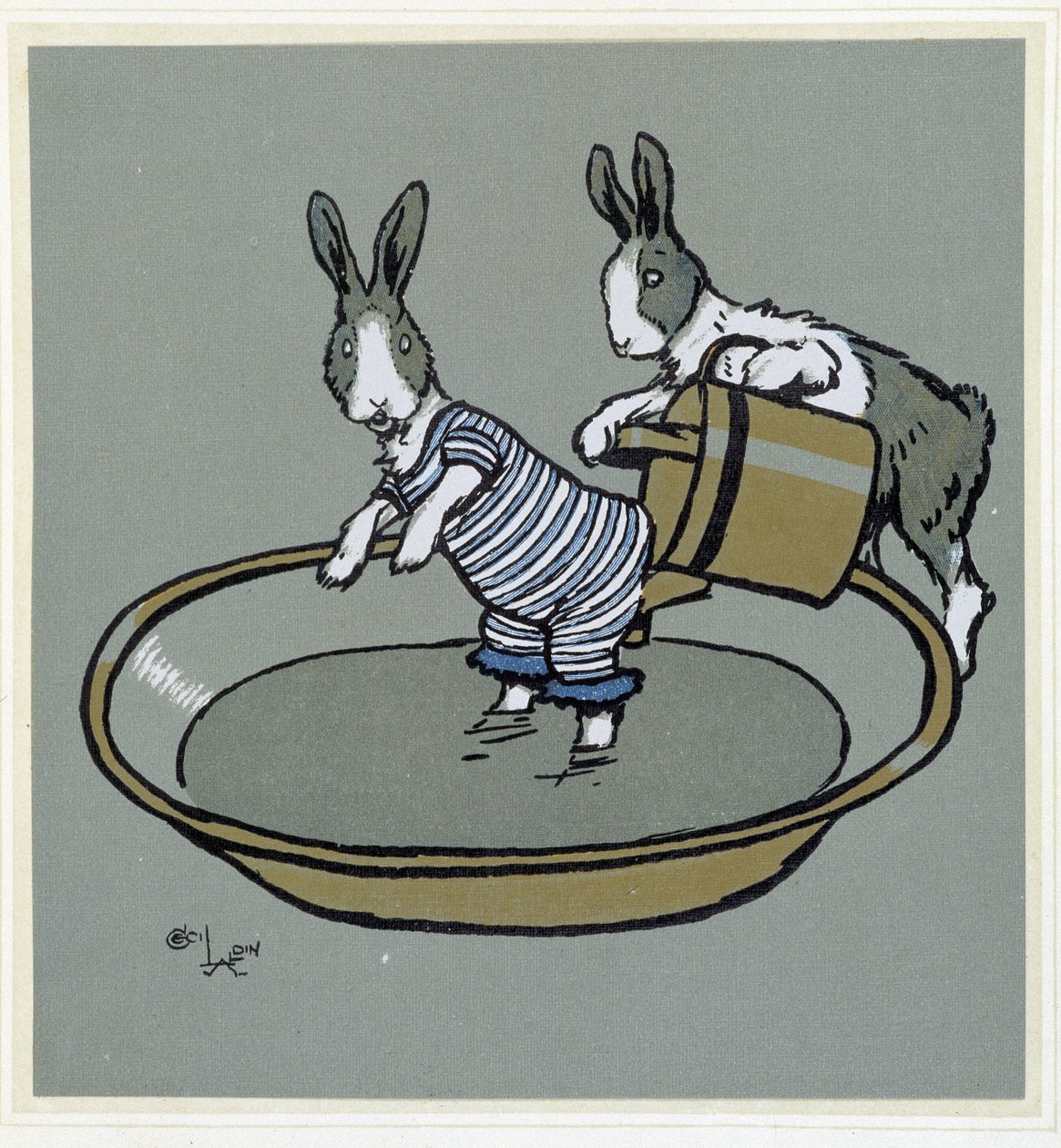 Kanit prennant un bain - "" Merry Party" -elokuvassa, ill. kirjoittanut Cécil Aldin, toim. Hodder & Stoughton, Lontoo tekijältä Cecil Charles Windsor Aldin