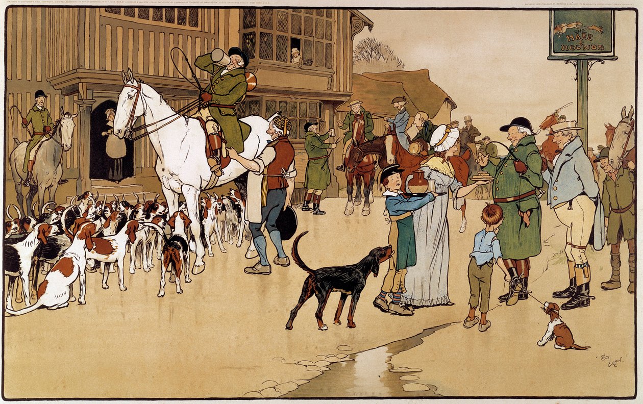 Pysähdy majatalossa jänismetsästyksen aikana. Cecil Aldinin vesiväri (1870-1935) tekijältä Cecil Charles Windsor Aldin
