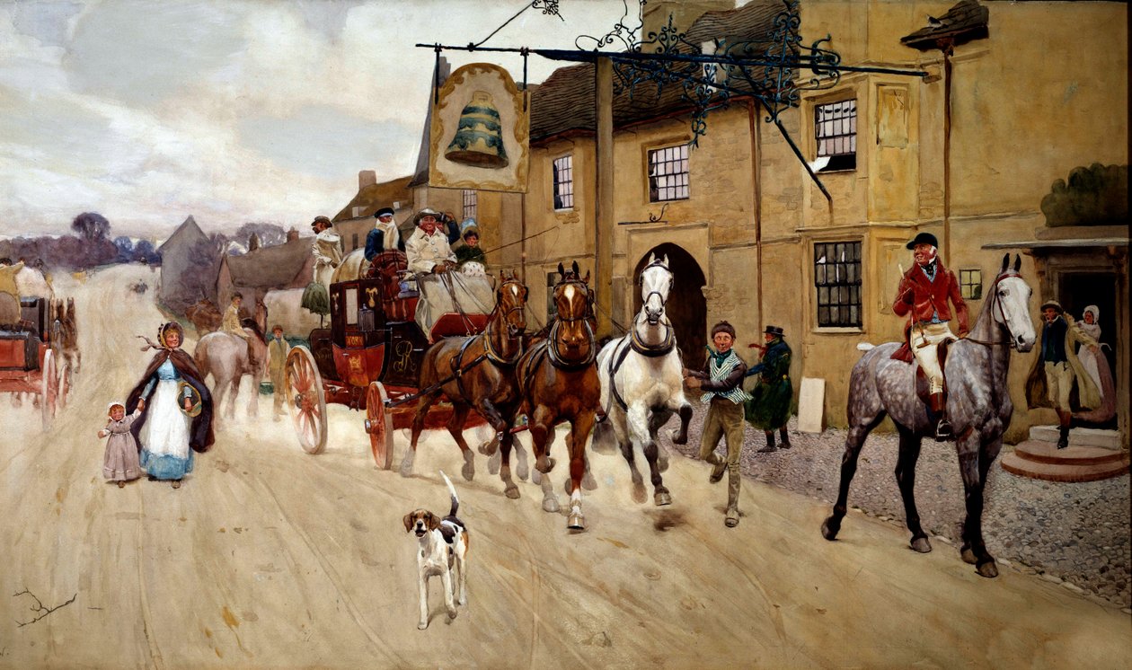 Lopeta ahkeruus kellon majatalon edessä Cecil Aldinin (1870-1935) 1800-luvun yksityiskokoelmassa Stilton Watercolour tekijältä Cecil Charles Windsor Aldin