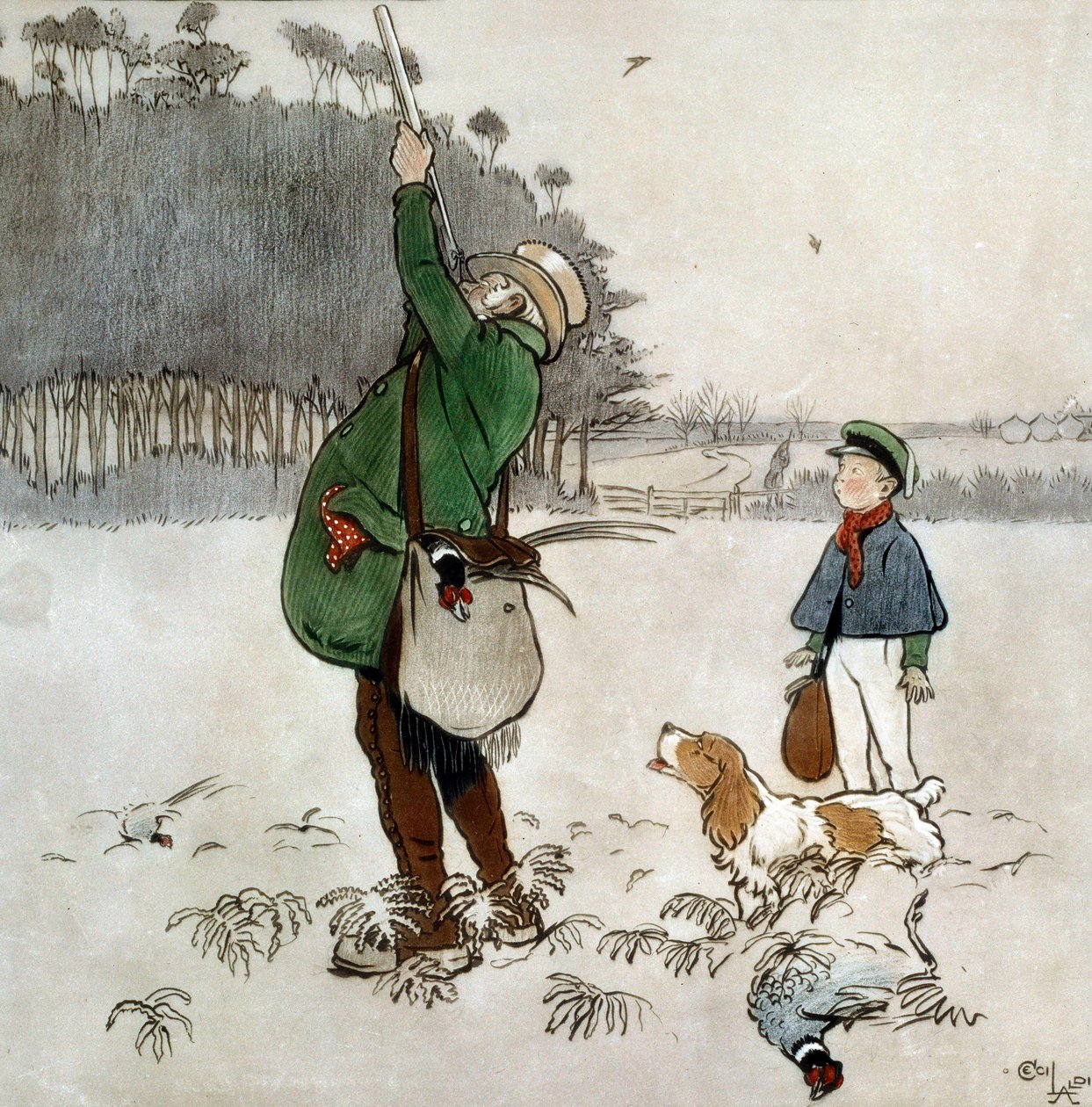 Cecil Aldinin (1870-1935) The Fighter Shooting Ducks -vesiväri, 1800-luvun yksityinen kokoelma tekijältä Cecil Charles Windsor Aldin
