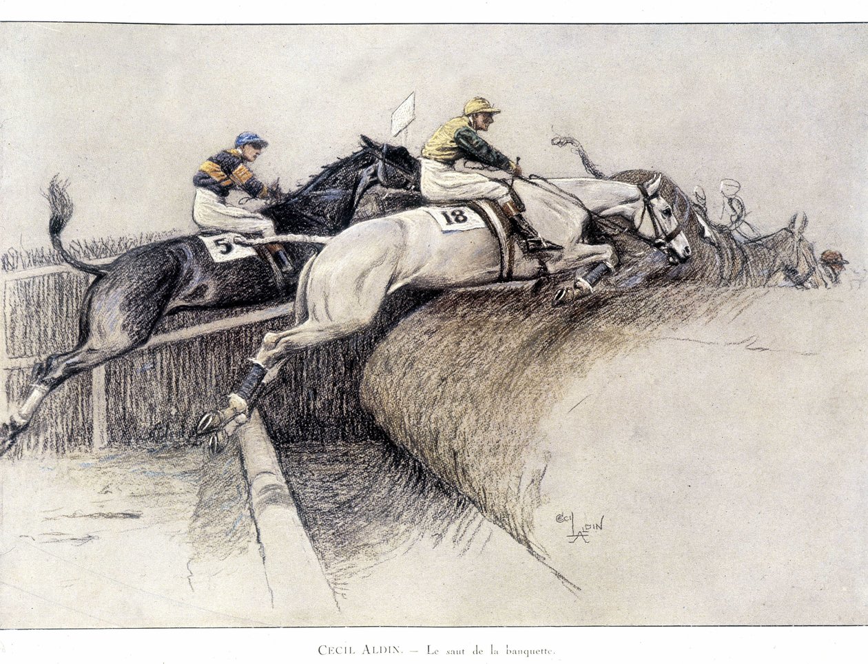 Grand National Steeplechase Liverpoolissa: hyppy penkiltä - piirros Cecil aldin tekijältä Cecil Charles Windsor Aldin