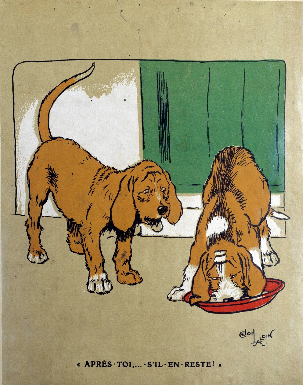 Vahvimman laki: "Sinun jälkeen, jos vielä on jäljellä..." Toinen koira antaa toisen syödä ja viimeistellä kulhon. Piirustus Cecil Aldin (1870-1935) 1800-luku. Pariisi, koristetaide tekijältä Cecil Charles Windsor Aldin