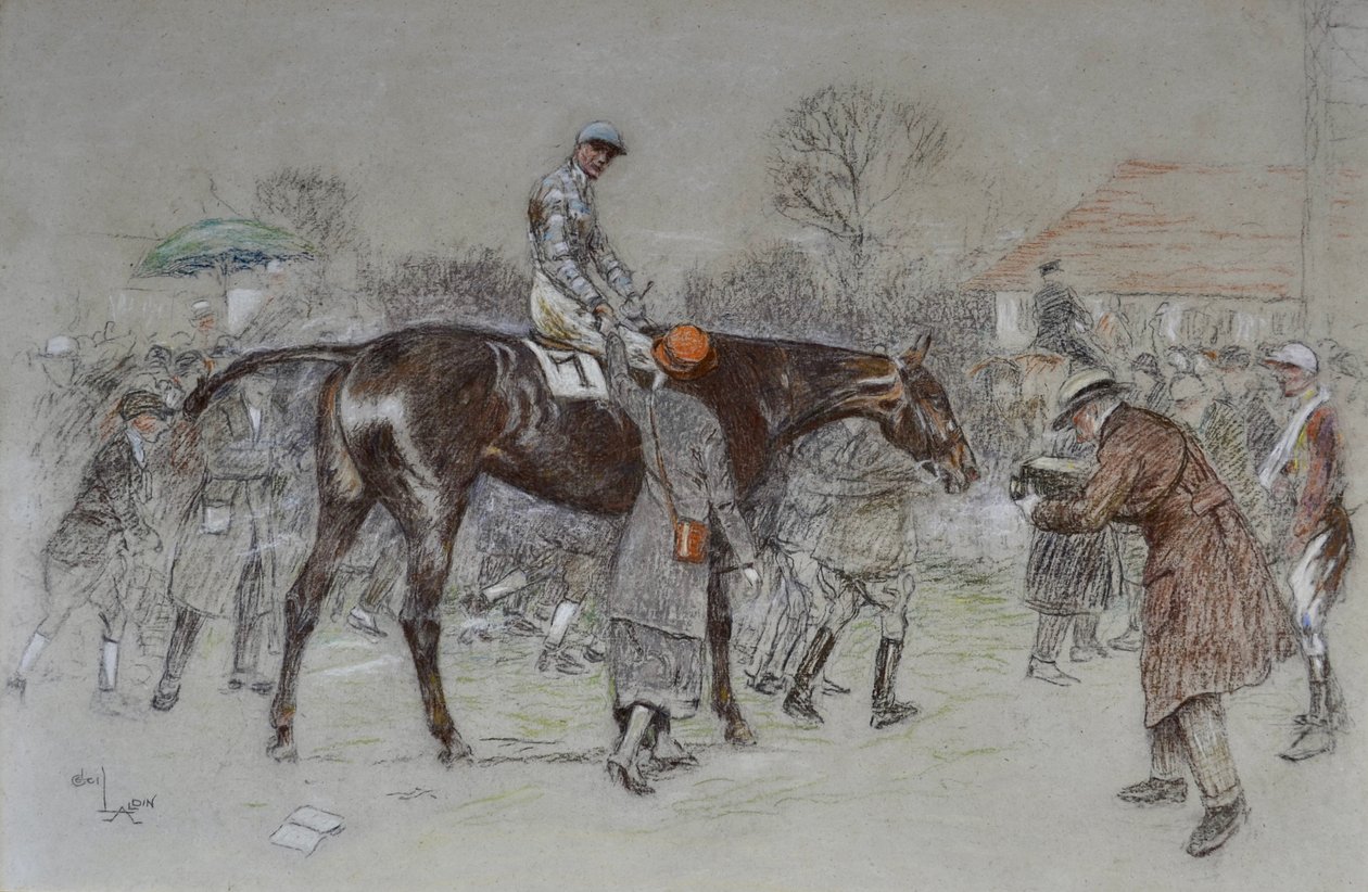 Johda voittajaa vedonvälittäjien kannustaessa, n. 1920-25 (pastelli) tekijältä Cecil Charles Windsor Aldin