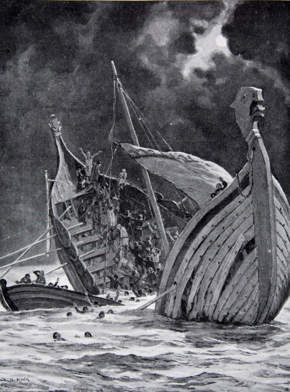 Valkoisen laivan menetys vuonna 1120, kuvitus teoksesta "Hutchinsonin tarina brittiläisestä kansasta", n. 1923 tekijältä Cecil King