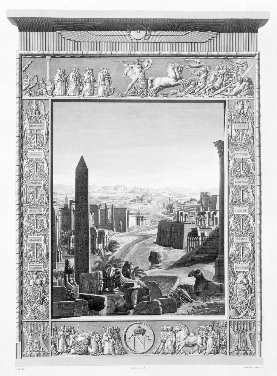 Girardetin ja Sellierin kaivertaman ja Napoleonin käskystä vuonna 1822 julkaistun Egyptin kuvauksen 1. osan etukappale (akvatinta) tekijältä Cecile