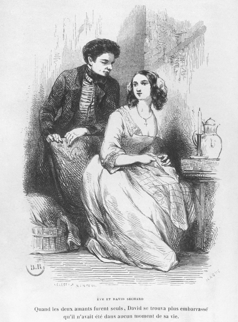 Eve ja David Sechard, kuvitus Honore de Balzacin teoksesta "Les Illusions perdues", julkaissut Editions Furne, 1842 tekijältä Celestin Francois Nanteuil