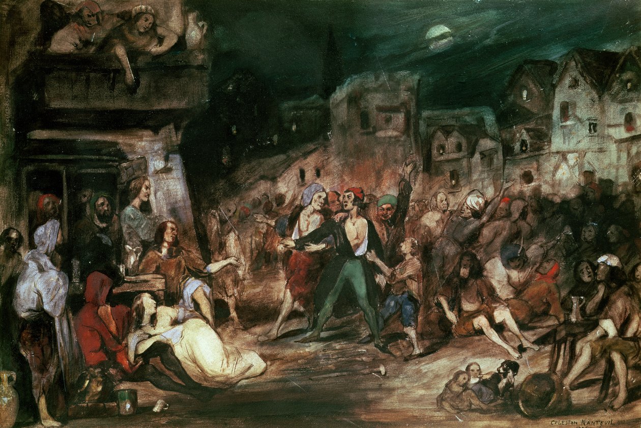 Gringoire ihmeiden hovissa, kuvitus Victor Hugon (1802-85) Notre Damen kyttyräselkä -teoksen VI luvusta 1835. tekijältä Celestin Francois Nanteuil