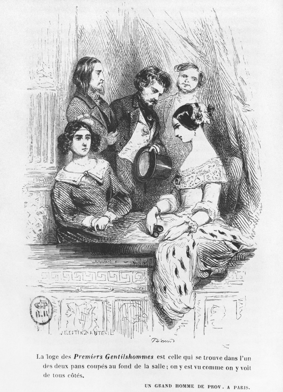 Premiers Gentilhomme -teatterilaatikko, kuvitus Honore de Balzacin teoksesta "Les Illusions perdues", julkaistu 1842 tekijältä Celestin Francois Nanteuil