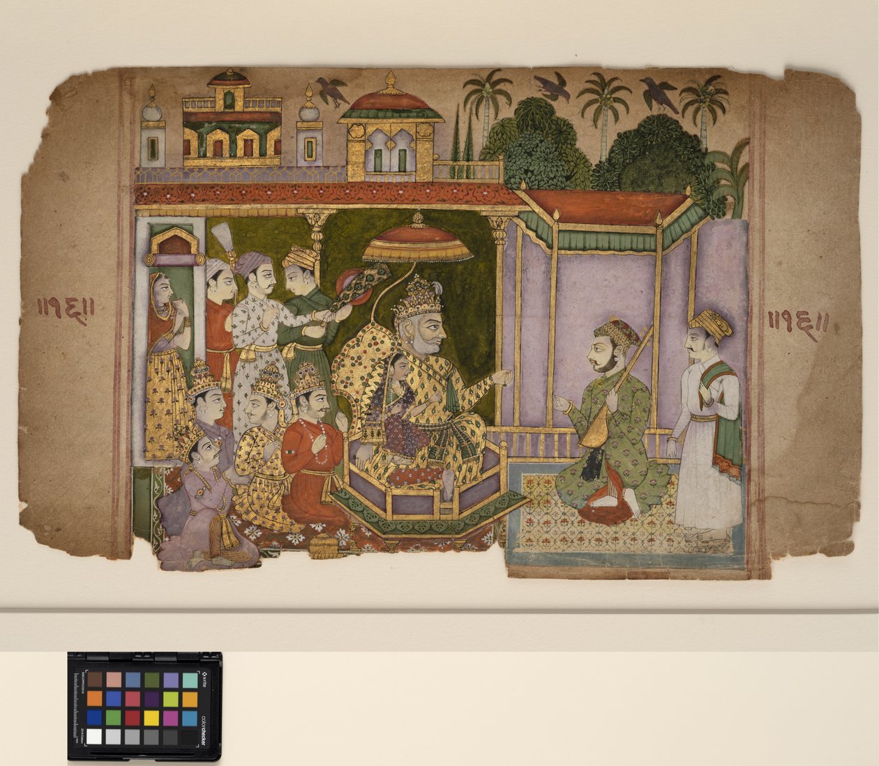 Kuningas ja hovimiehet kuuntelevat muusikkoa, n. 1750 (läpinäkymätön akvarelli ja kulta paperilla) tekijältä Central Indian School