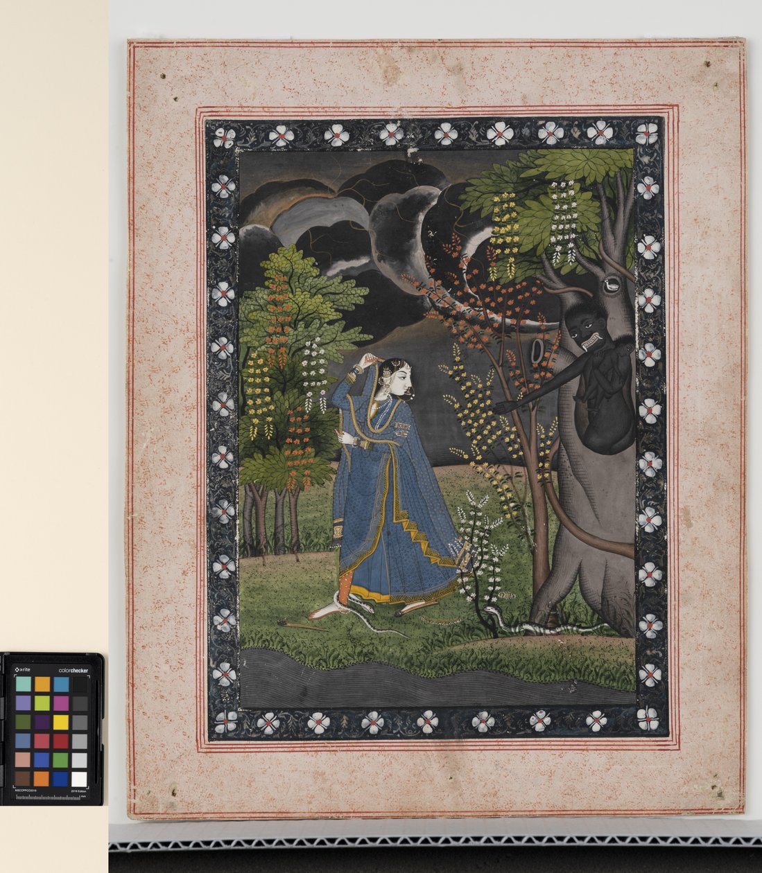 Abhisarika Nayika, n. 1820 (läpinäkymättömät pigmentit ja kulta paperilla) tekijältä Central Indian School