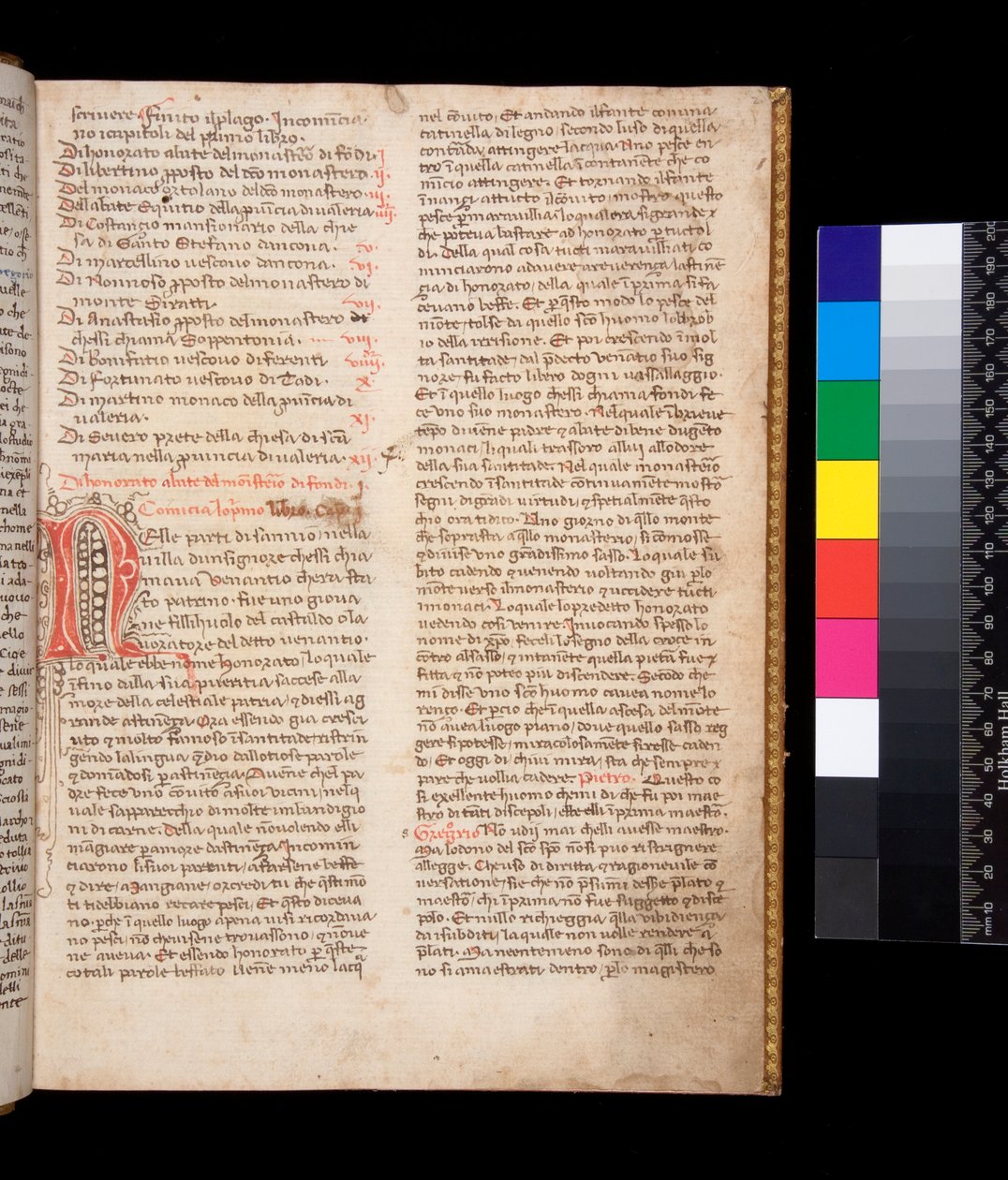 Ms 148. Gregorius Suuri, Dialogi italiaksi käännös. kirjoittanut Domenico Cavalca, f.2r Koristeltu kirjain [N] punaisella musteella, kynäkukoilu ruskealla musteella tekijältä Central Italian School