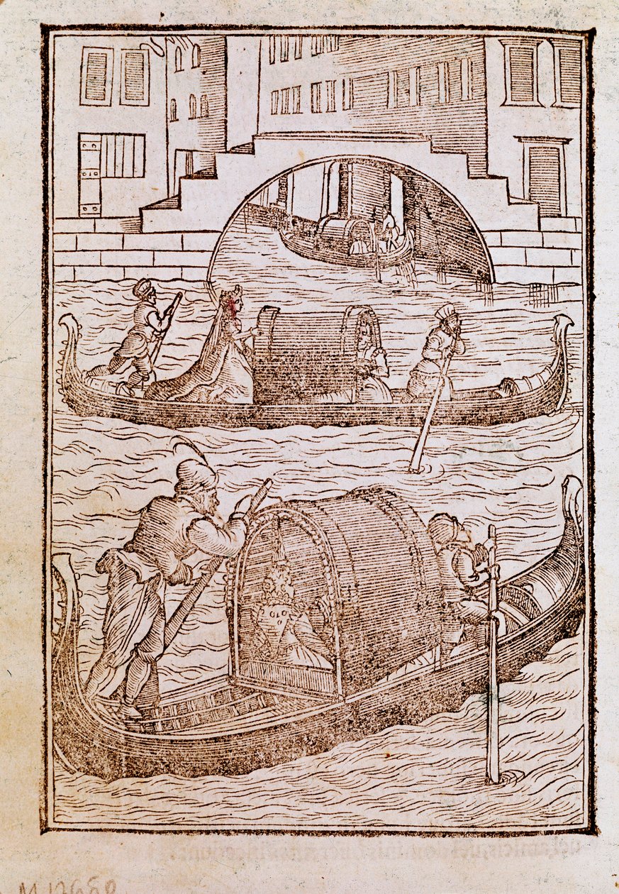Gondolit Venetsian laguunissa 1400-luvulla Cesare Vecellion (1521-1601) kaiverrus kirjasta "" Muinaisista ja moderneista vaatteista "" 1590 Venetsia Biblioteca Marciana tekijältä Cesare (after) Vecellio